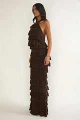 Kaelia Tiered Halter Maxi Dress Sparkle Brown