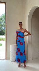 Eisa One Shoulder Maxi Dress - Blue / Red Floral