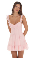 Chiffon Rose Ruffle Strap Dress in Pink