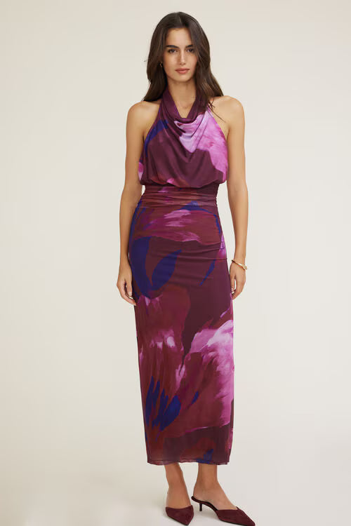 Halter Cowl Neck Mesh Maxi Dress