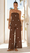 Kailani Strapless Top and Pants Set - Chocolate / White Polka Dot