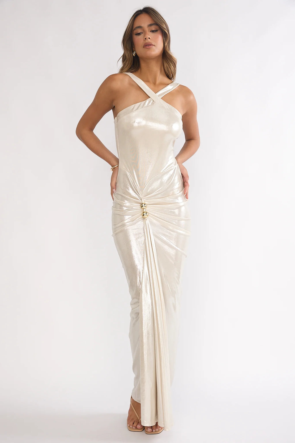 Delaina Ruched Waist Gold Accent Maxi Dress Pearl