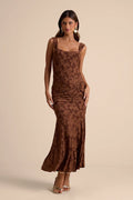 Celeste Brown Floral Burnout Bustier Maxi Dress