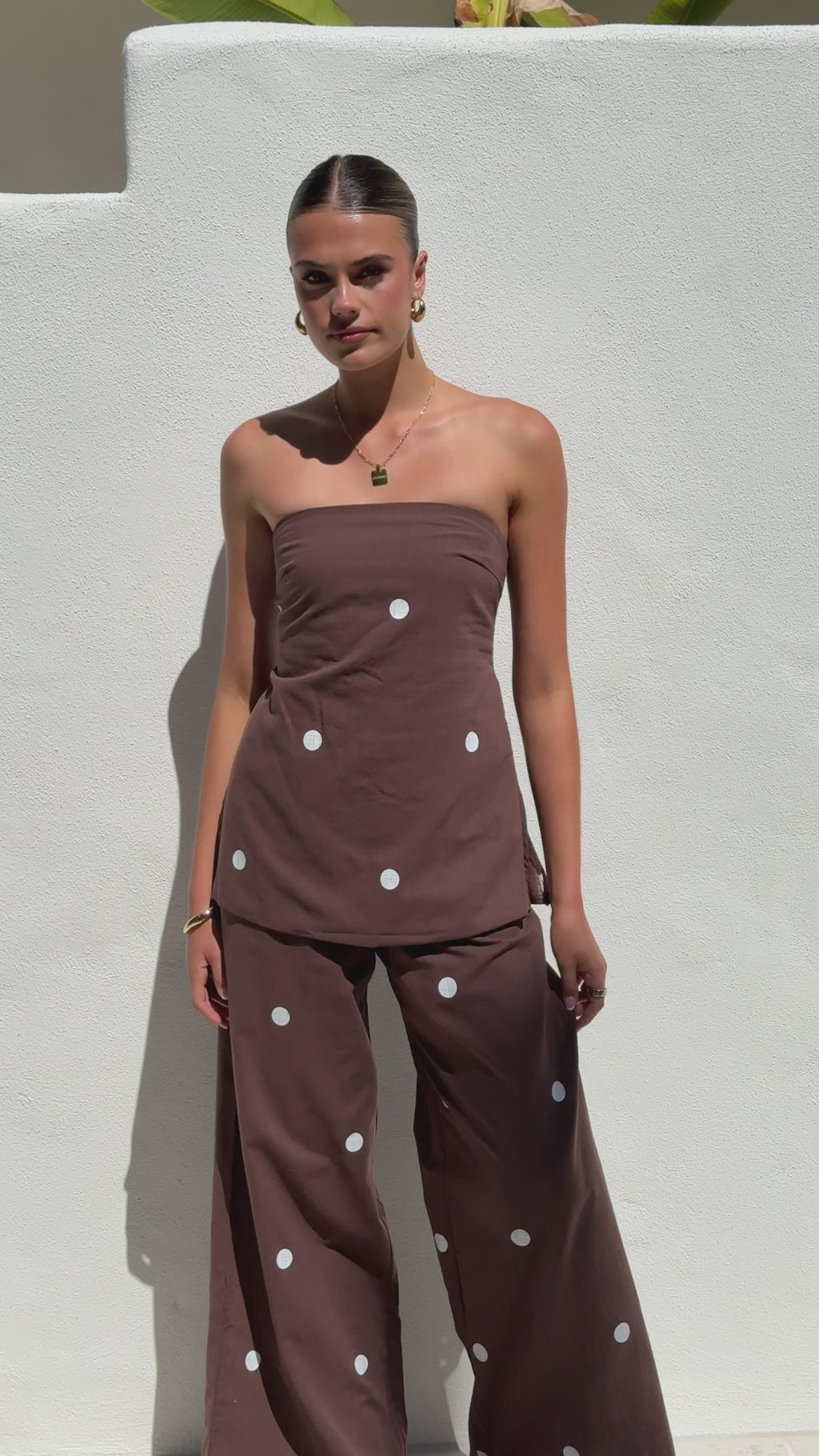 Kailani Strapless Top and Pants Set - Chocolate / White Polka Dot