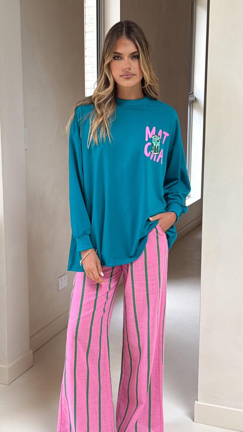 Matcha Long Sleeve Top and Pants Set - Teal / Pink