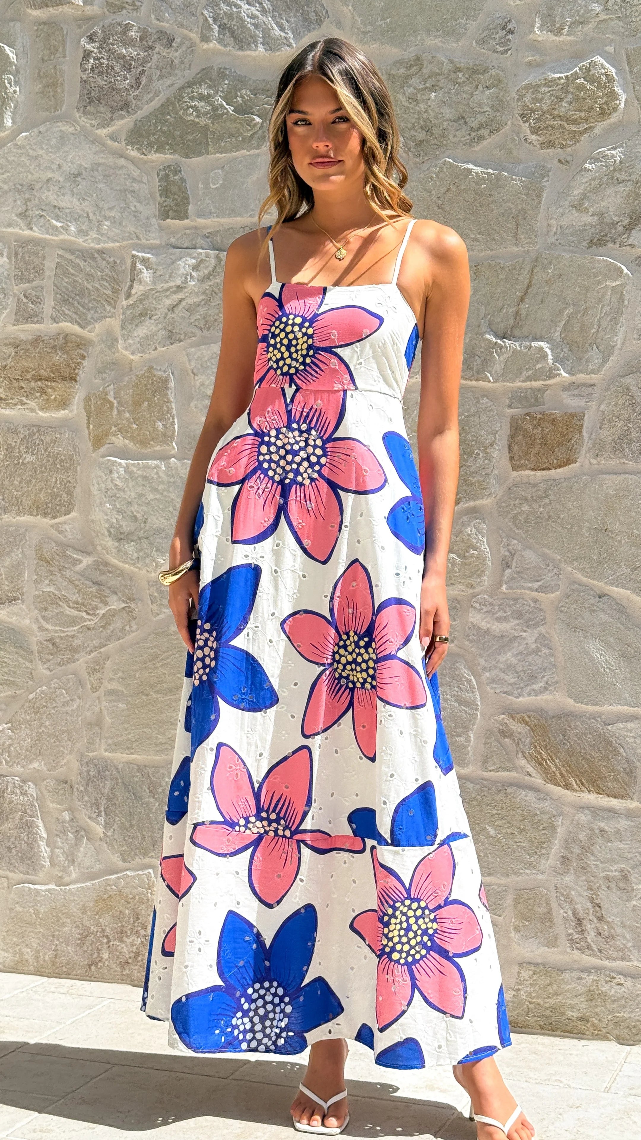 Norah Eyelet Maxi Dress - Botanic Blue/Pink Print