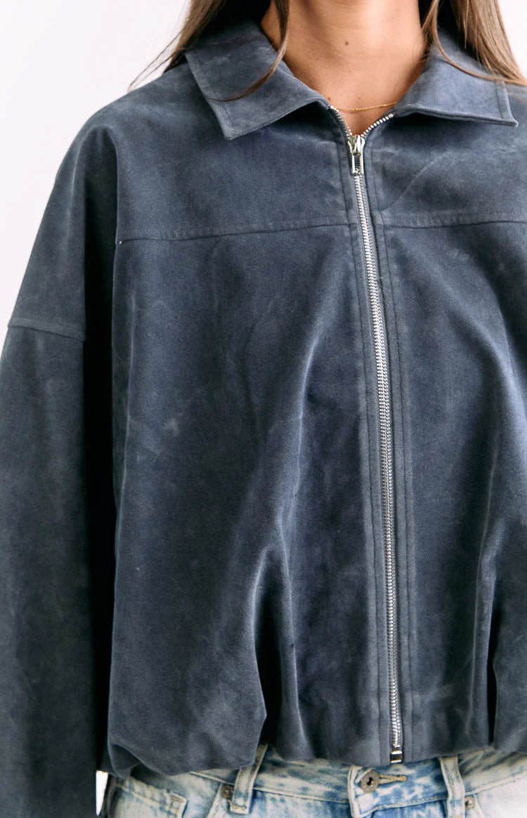 River Steel Grey Suedette Bubble Hem Bomber Jacket