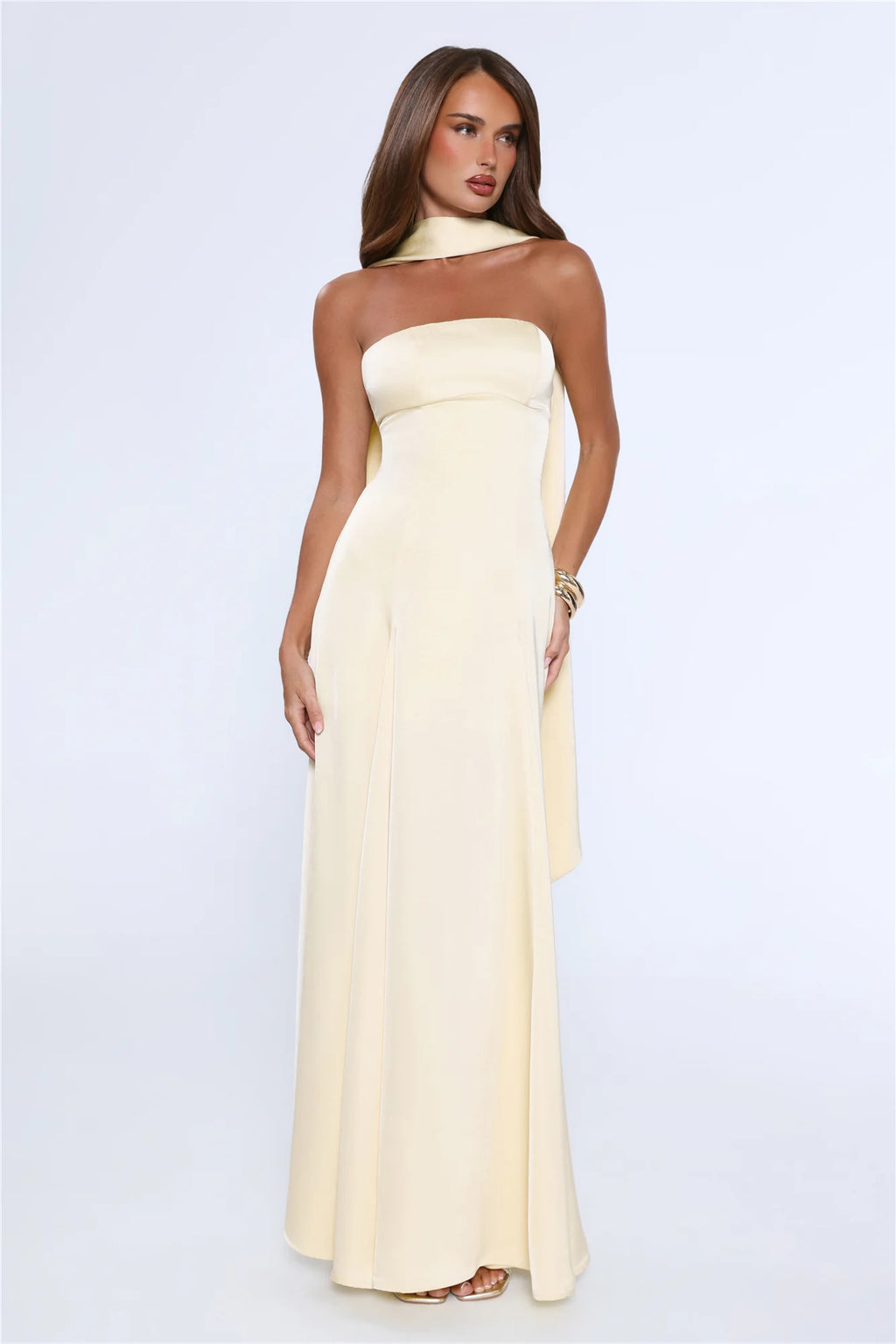 Satin Tempt Strapless Maxi Dress Lemon