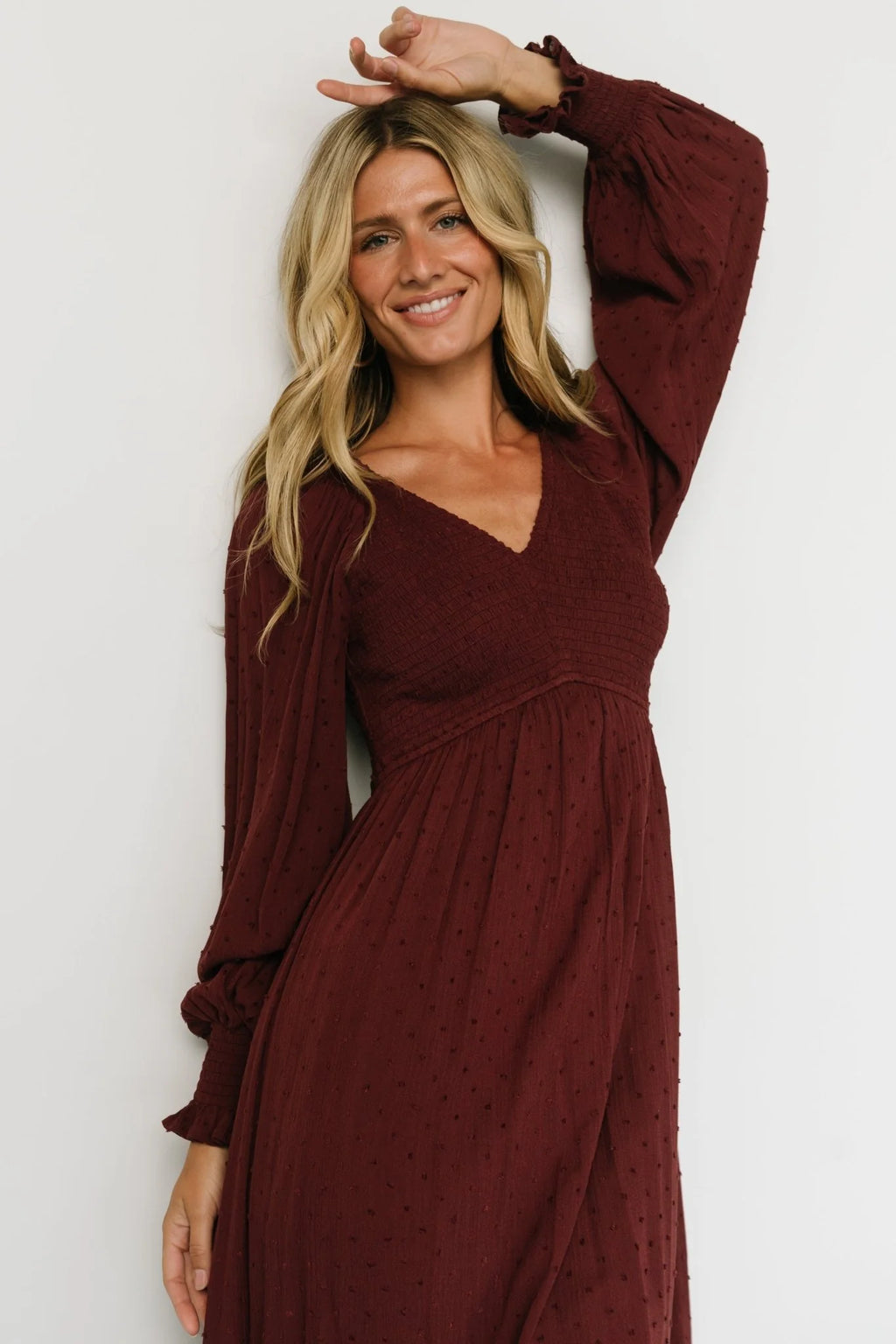 Lainey Smocked Dotted Midi Dress | Mulberry