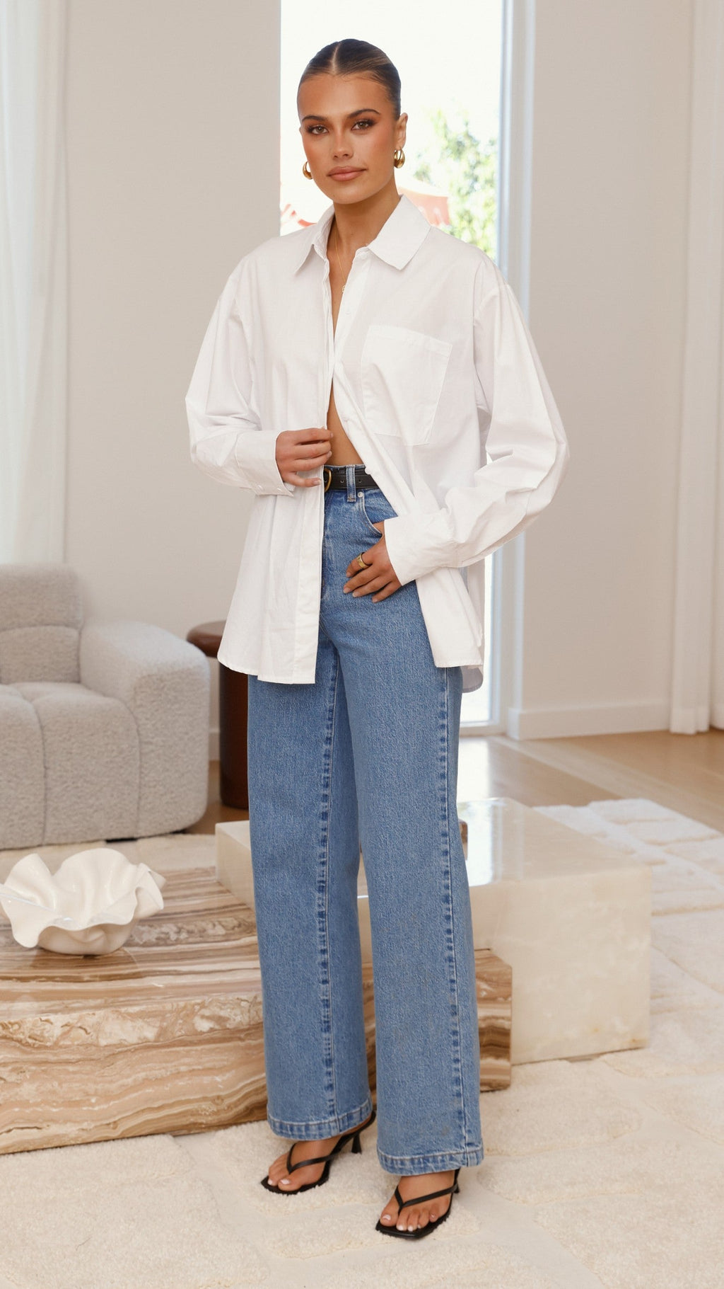 Charla Button Up Poplin Top - White