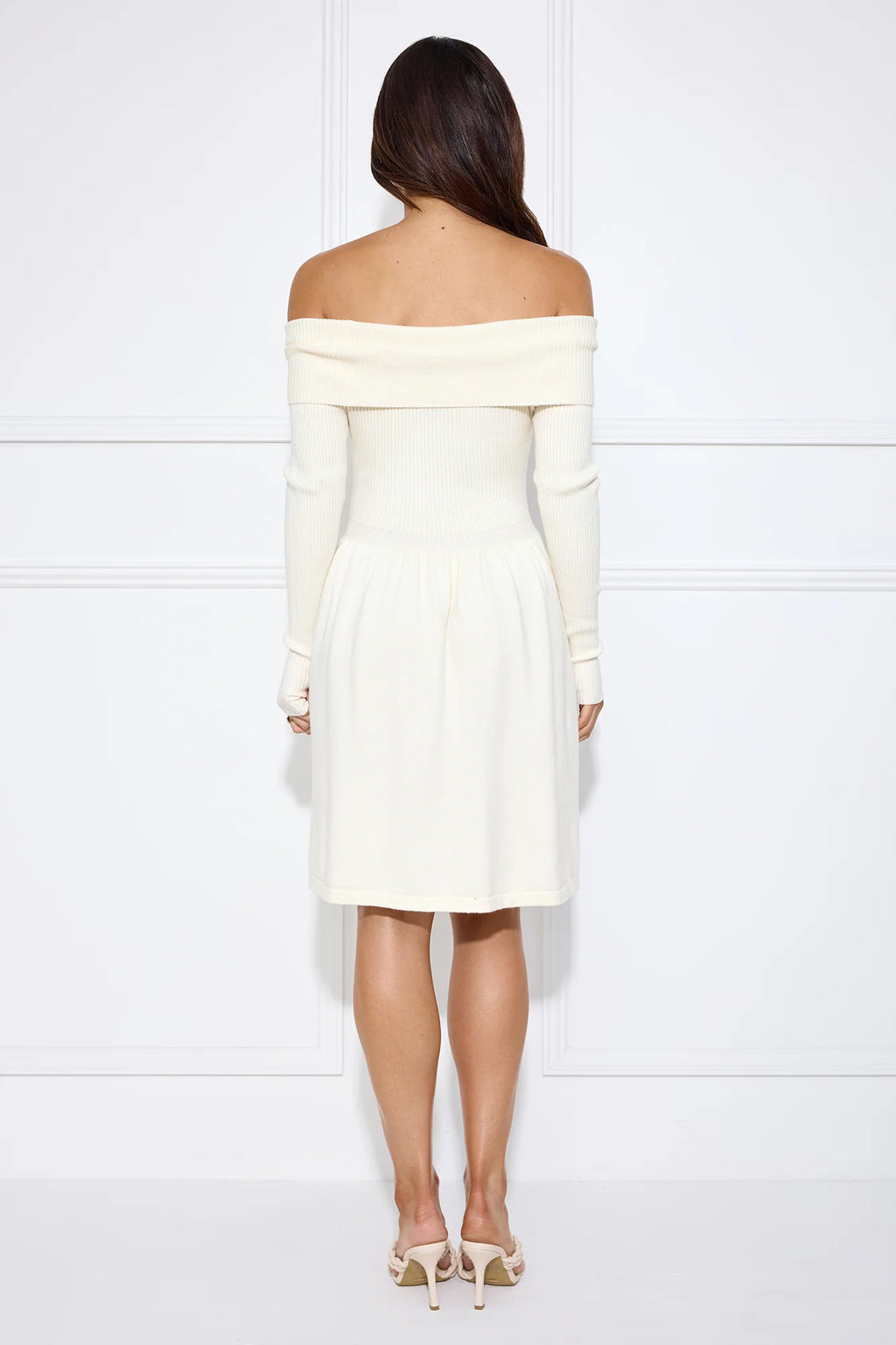 Snowlight Off Shoulder Ribbed Midi Dress Cream