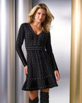 Studded Fit and Flare Ruffle Flounce Sweater Dress Black