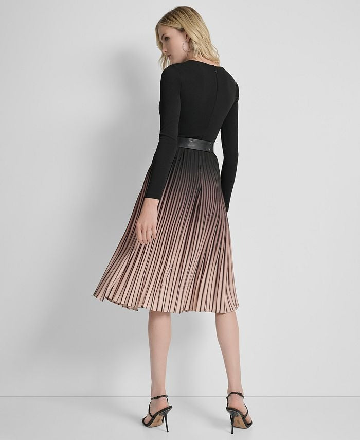 DKNY Women's Ombré Sunburst Pleat-Skirt Long-Sleeve Midi Dress