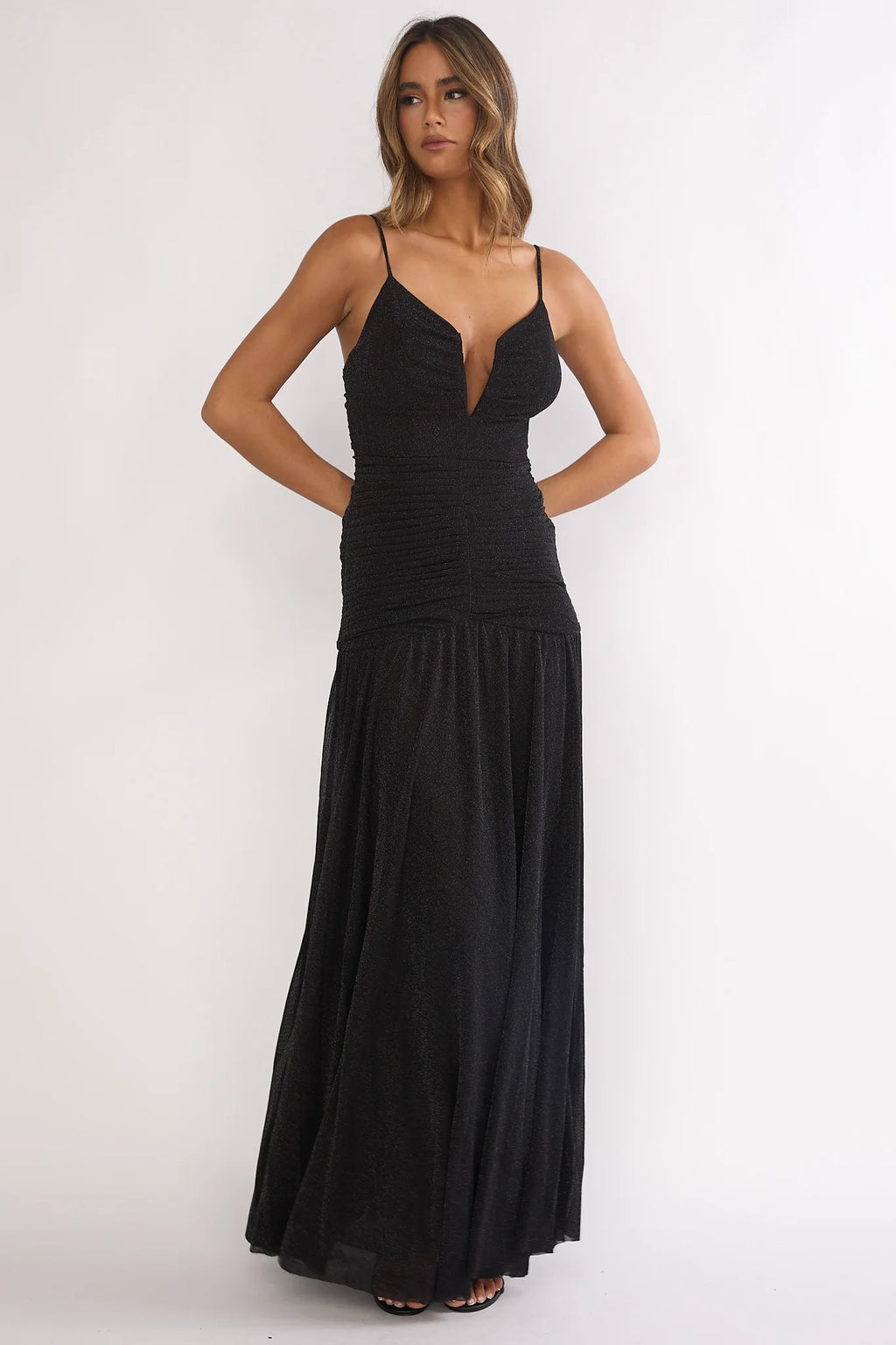 Orizel Pintuck Drop Waist Maxi Dress Sparkle Black