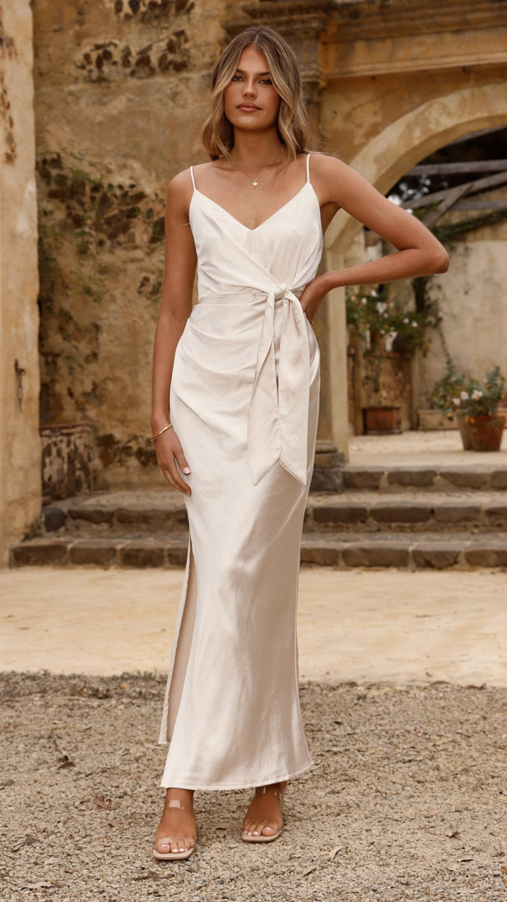Yasmeen Tie Front Maxi Dress - Champagne