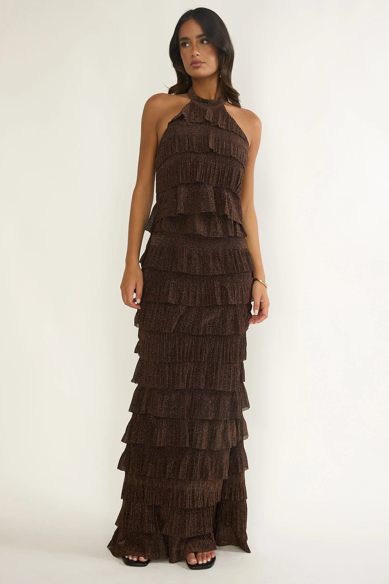 Kaelia Tiered Halter Maxi Dress Sparkle Brown