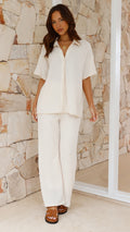 Madian Button Up Shirt and Pants Set - Beige