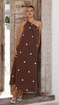 Nasira One Shoulder Maxi Dress - Chocolate / White Polka Dot