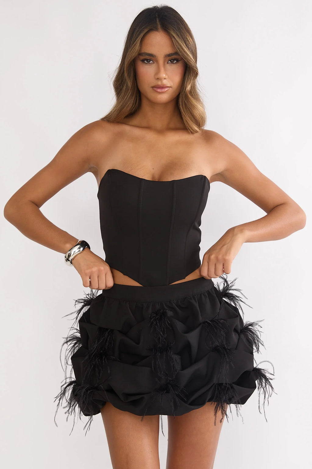Alyra Feather Puff Mini Skirt Black