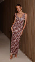 Harena Off Shoulder Maxi Dress - Brown Plaid Print