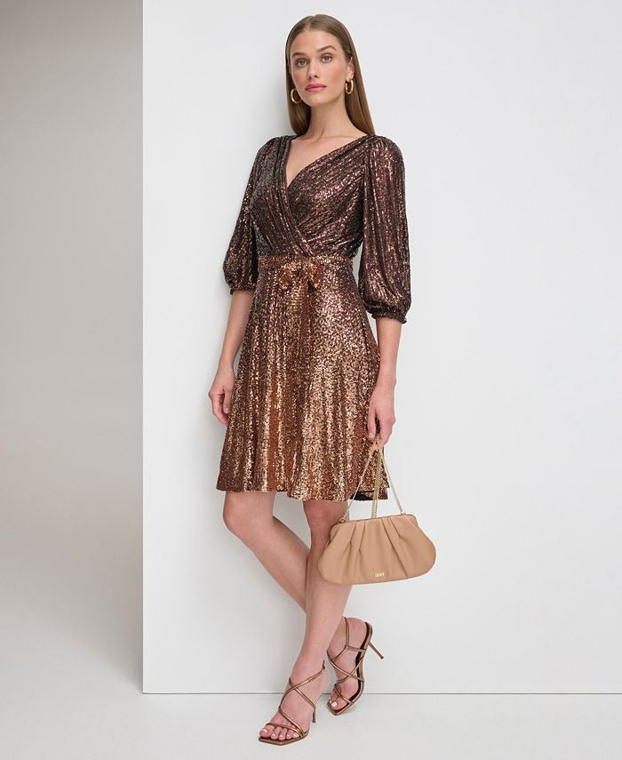 DKNY Women's Long Sleeve Ombre Faux Wrap Sequin Dress
