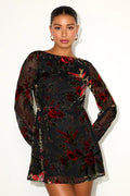 Marwella Black Burnout Velvet Backless Long Sleeve Mini Dress